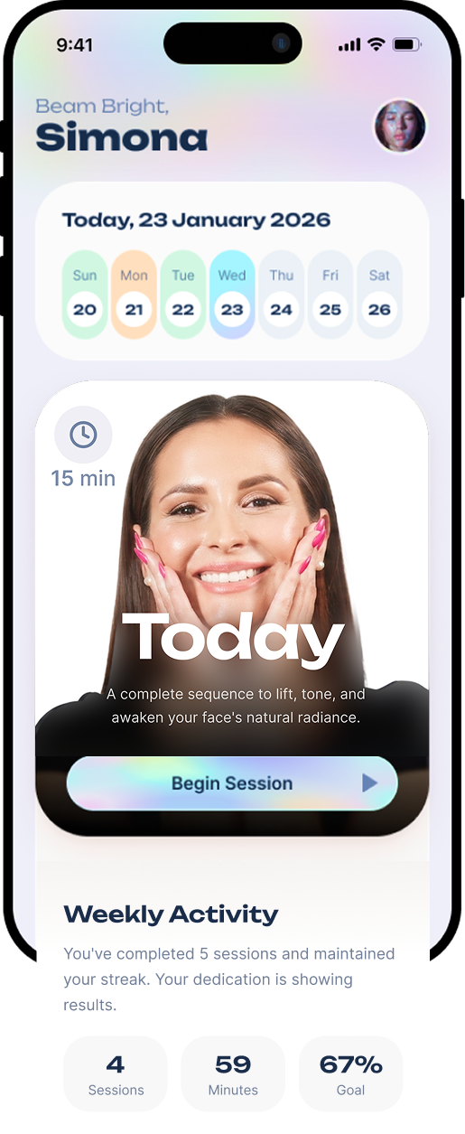 Vertical video demonstrating facial exercises. An Asian model with a small bun in a standing posture performing jawline lifting techniques.